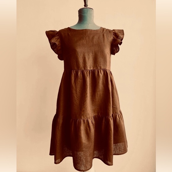 Dark Brown Handmade Short Bohemian Style Ruffled Dress - Size M - Picture 2 of 3